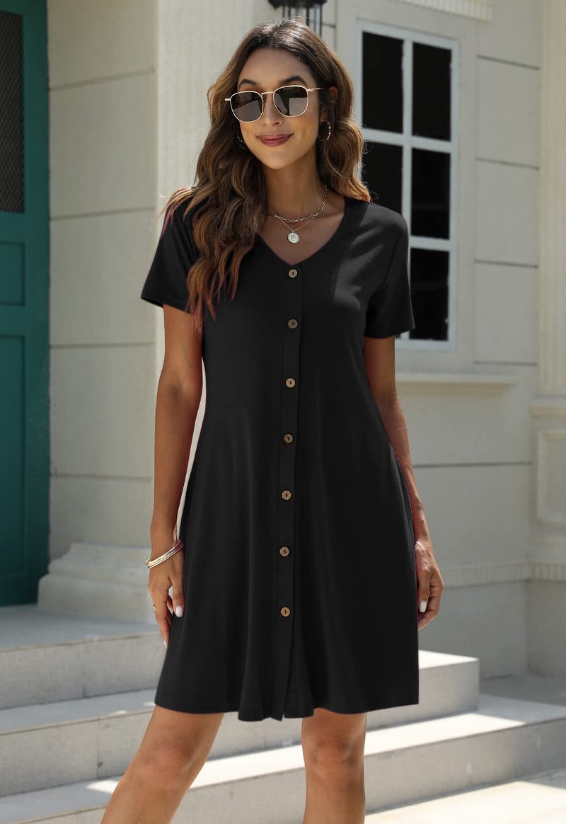 Manydress Women's Summer Casual T Shirt Short Sleeve Button Down Swing Dress with Pockets MY035 (Black, XXL) - Image 4